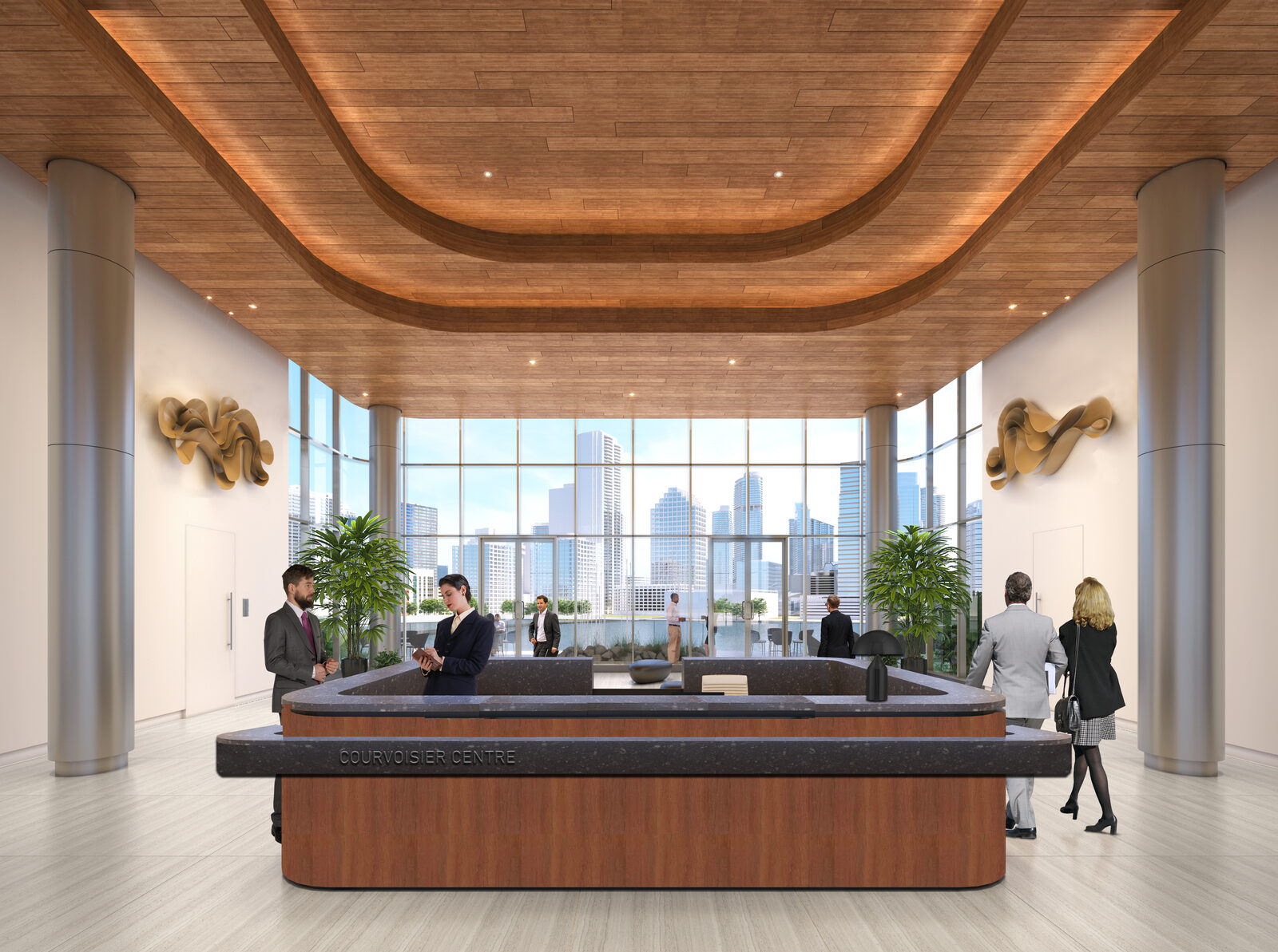 Brickell Key Centre renovated lobby with curved wood ceiling and waterfront glass curtain wall