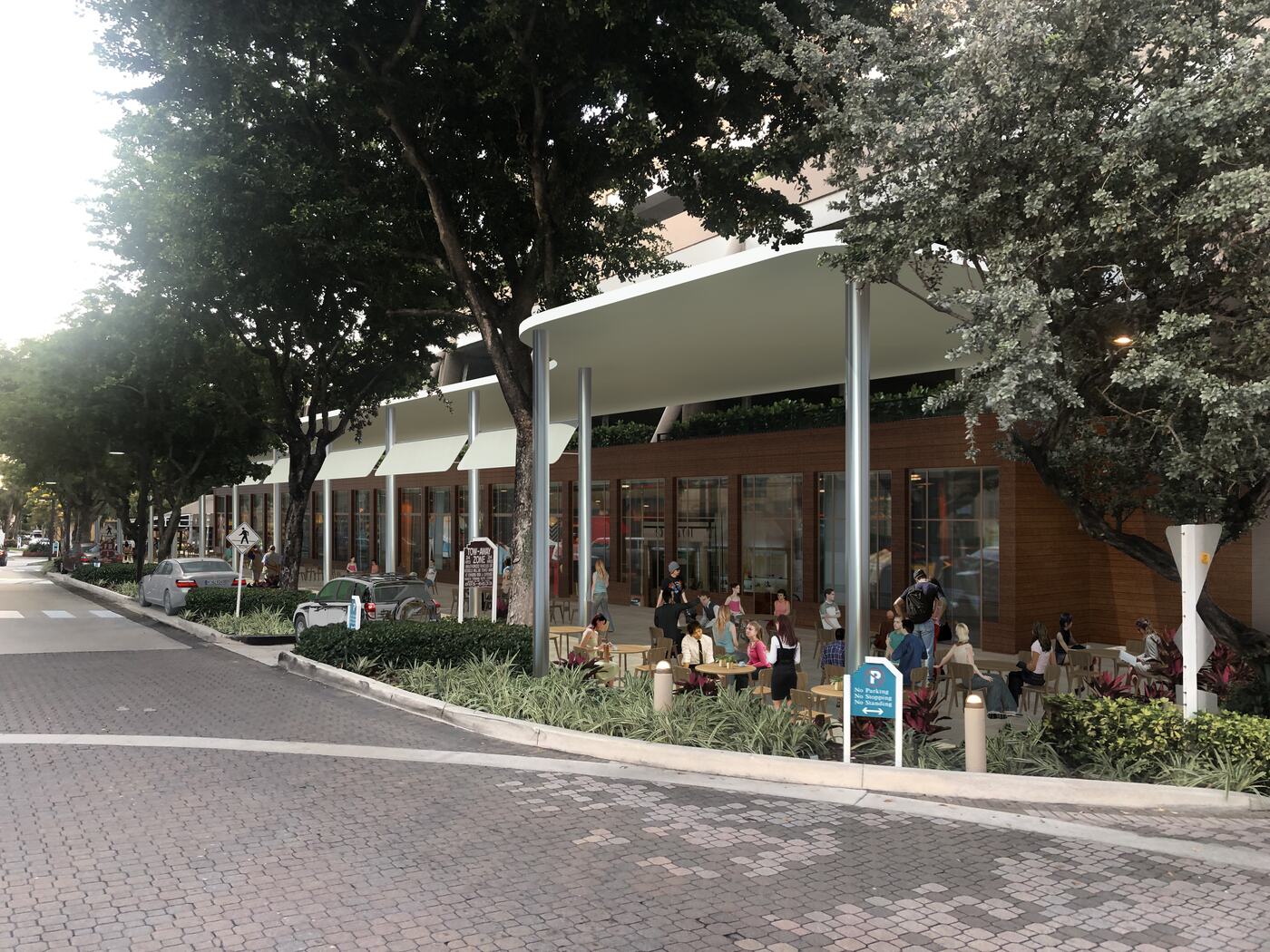 Brickell Key Retail renovated storefronts with canopy and sidewalk seating