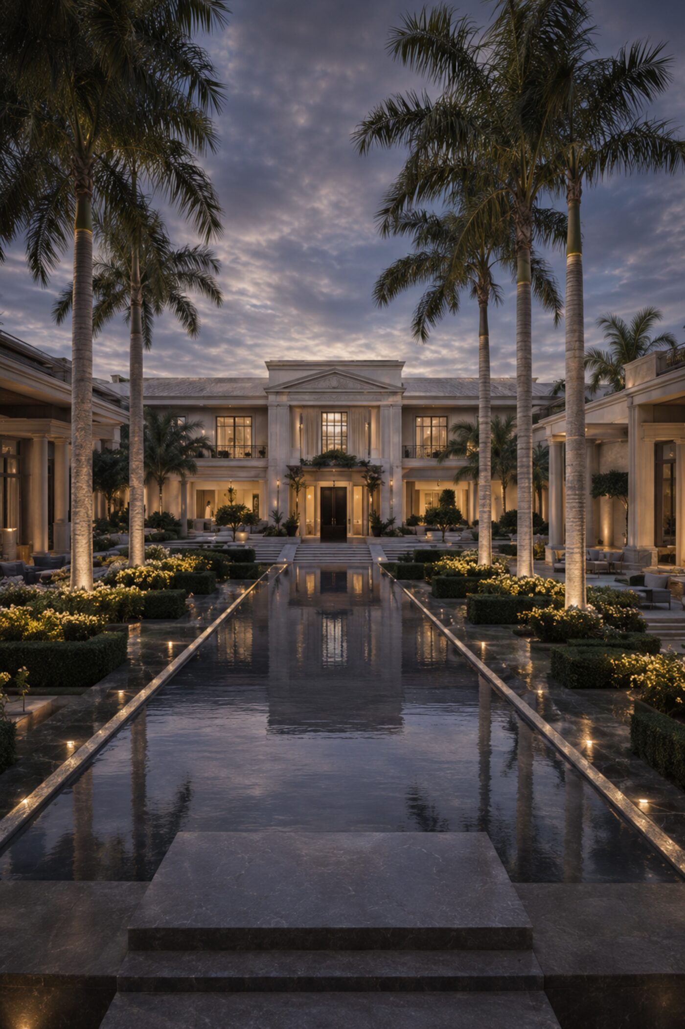 Indian Creek Residence luxury custom home at dusk with colonnaded wings and a long reflecting pool
