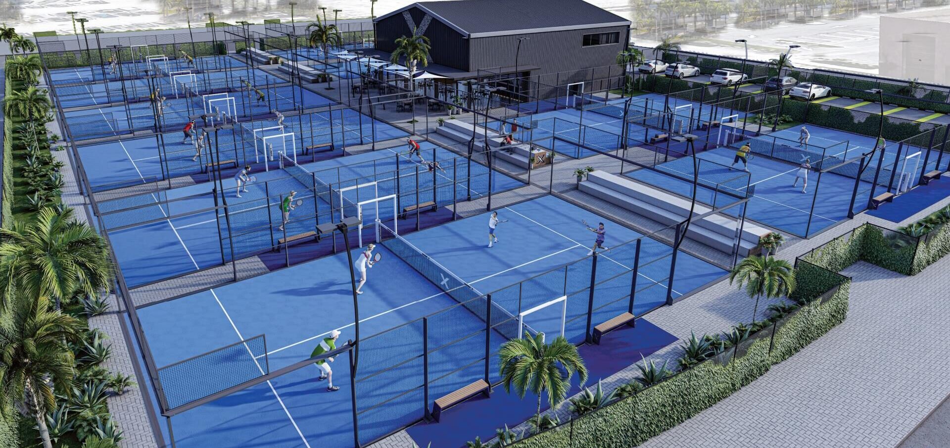 Padel X Miami aerial view of ten outdoor padel courts surrounding a dark clubhouse